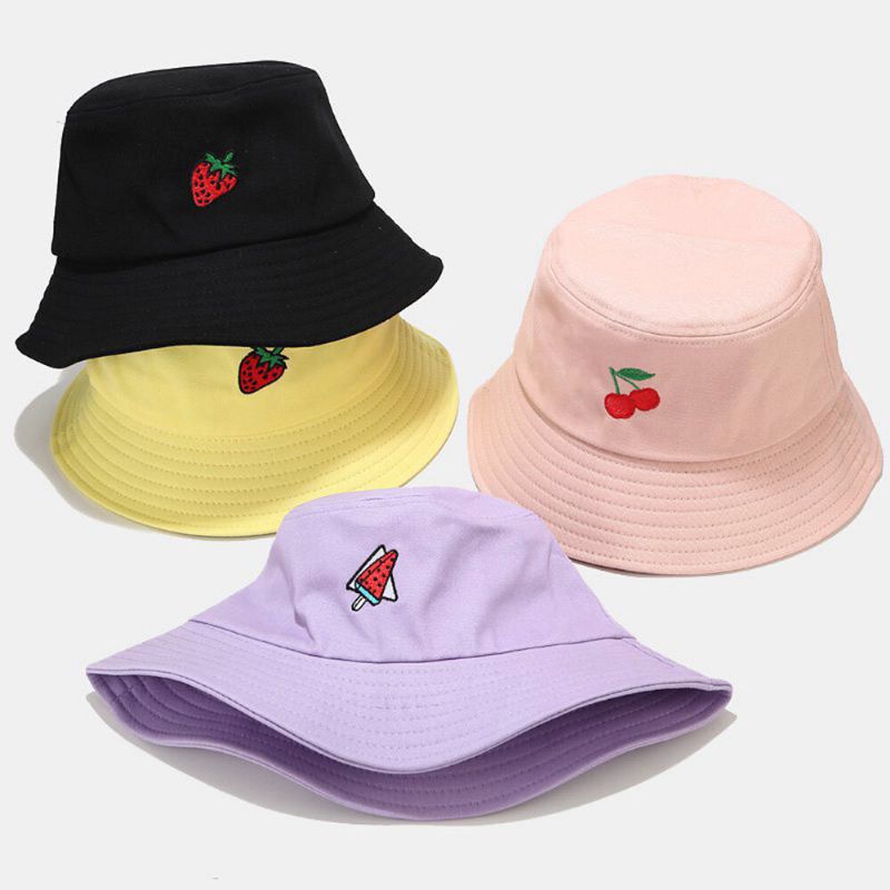 Femmes D'été Protection Uv Motif De Fruits Broderie Casual Mignon Visière Soleil Chapeau Seau Chapeau