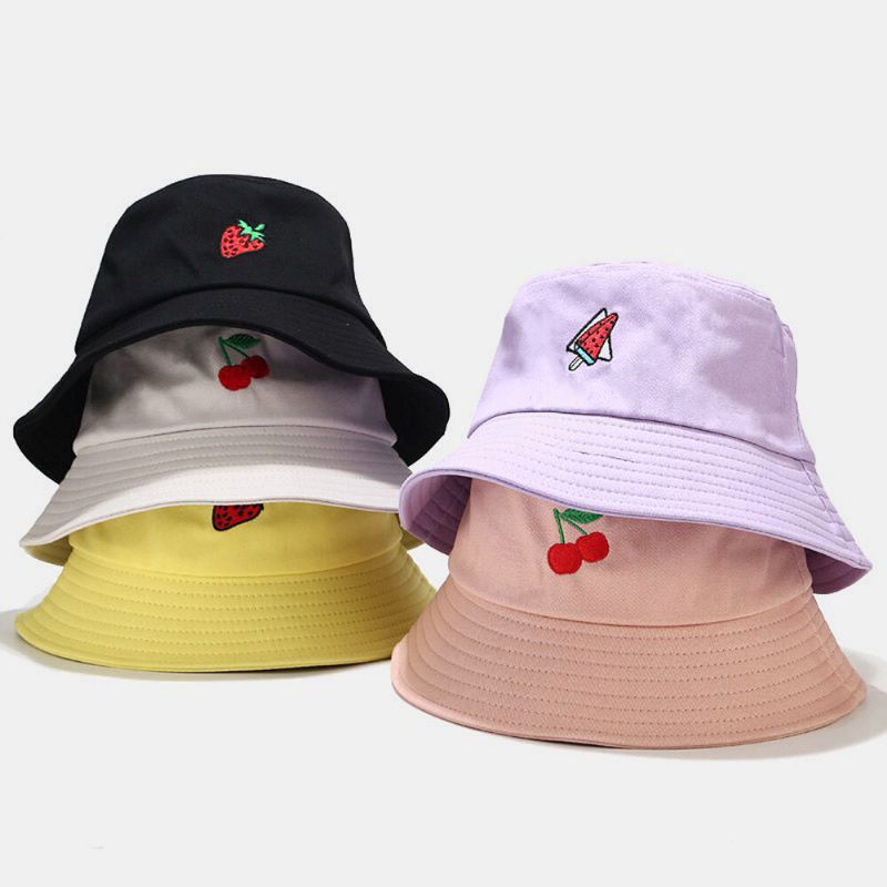 Femmes D'été Protection Uv Motif De Fruits Broderie Casual Mignon Visière Soleil Chapeau Seau Chapeau