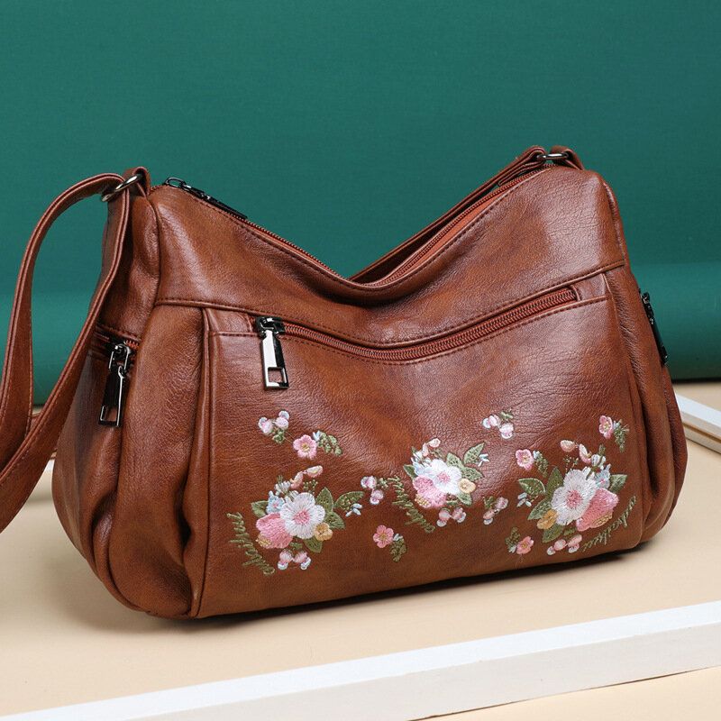 Femmes Ethnique Fleur Brodée Grande Capacité Sac À Bandoulière Vintage Texture Matériel Imperméable Respirant En Cuir Souple Sac À Bandoulière