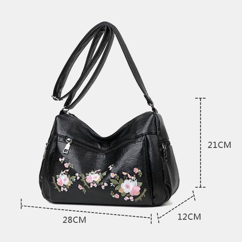 Femmes Ethnique Fleur Brodée Grande Capacité Sac À Bandoulière Vintage Texture Matériel Imperméable Respirant En Cuir Souple Sac À Bandoulière