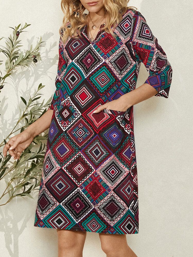 Femmes Ethnique Géométrique Imprimé Manches 3/4 Vintage Robe Décontractée Avec Poche