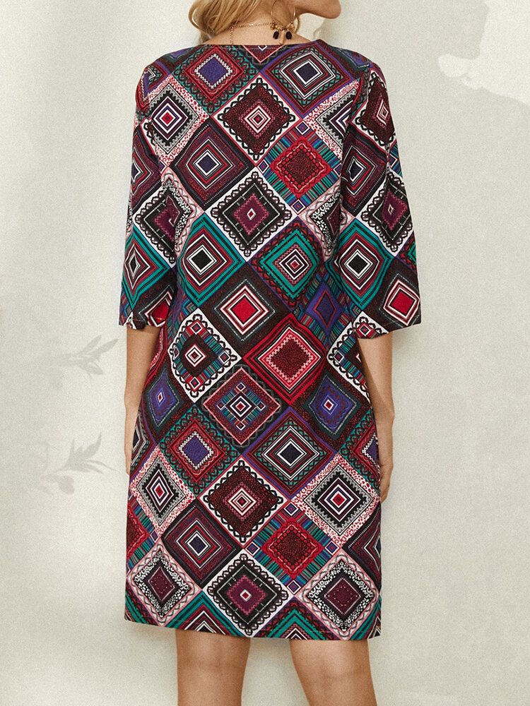 Femmes Ethnique Géométrique Imprimé Manches 3/4 Vintage Robe Décontractée Avec Poche