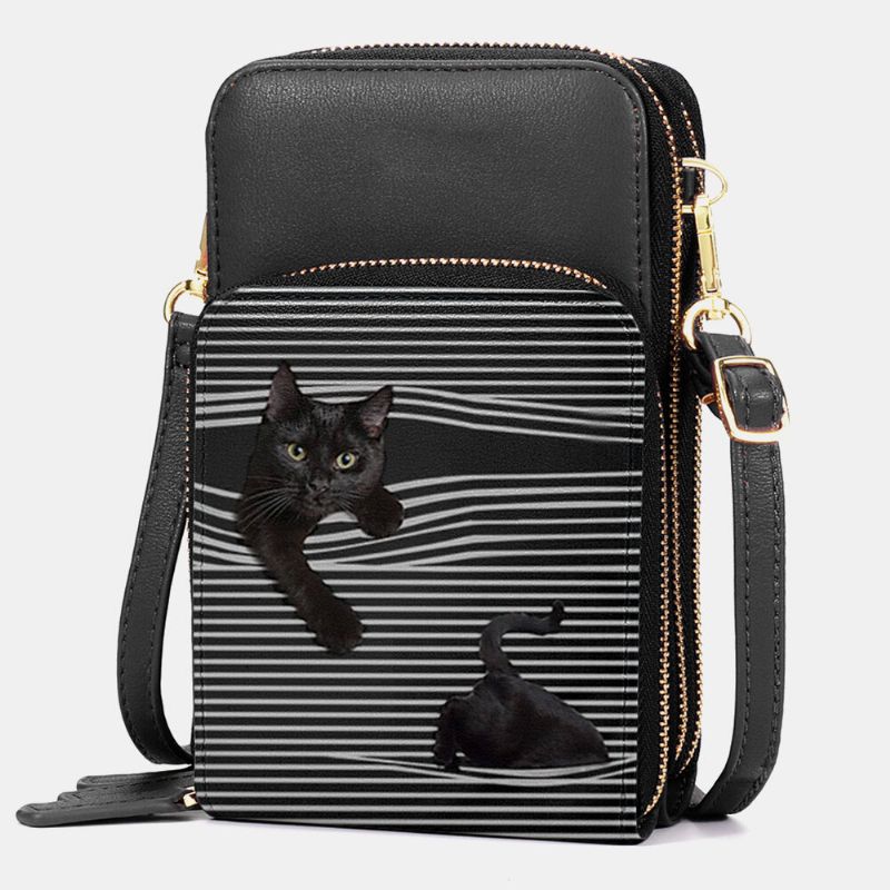 Femmes Faux Cuir Casual Mignon Chat Noir Et Rayures Motif Sac À Bandoulière Réglable Sac À Bandoulière