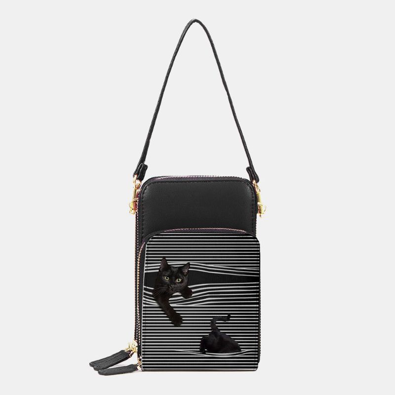 Femmes Faux Cuir Casual Mignon Chat Noir Et Rayures Motif Sac À Bandoulière Réglable Sac À Bandoulière