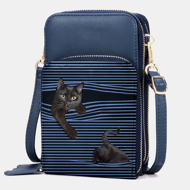 Femmes Faux Cuir Casual Mignon Chat Noir Et Rayures Motif Sac À Bandoulière Réglable Sac À Bandoulière