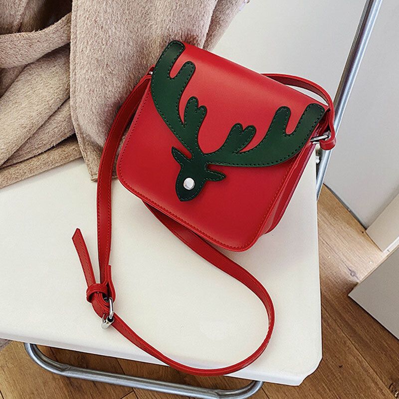 Femmes Faux Cuir Contraste Couleur Noël Elk Motif Petit Sac Carré Sac À Bandoulière Sac À Bandoulière