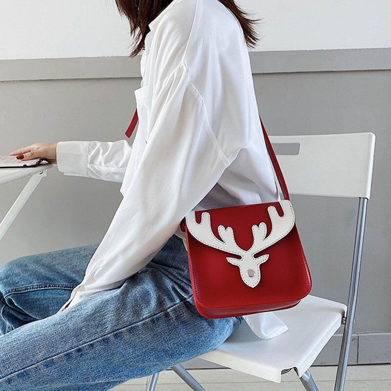 Femmes Faux Cuir Contraste Couleur Noël Elk Motif Petit Sac Carré Sac À Bandoulière Sac À Bandoulière