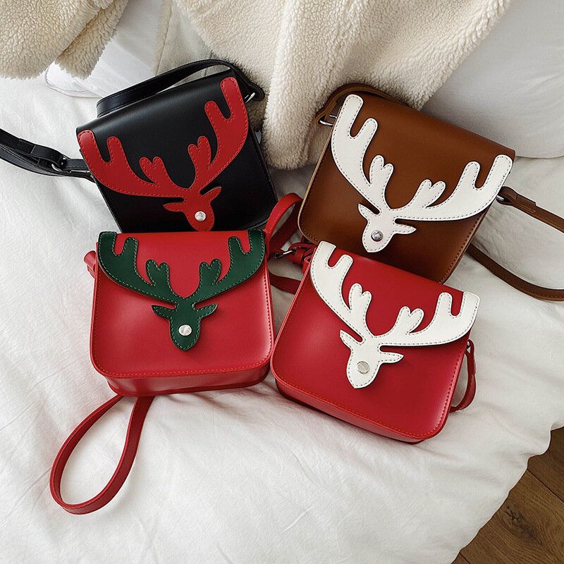 Femmes Faux Cuir Contraste Couleur Noël Elk Motif Petit Sac Carré Sac À Bandoulière Sac À Bandoulière