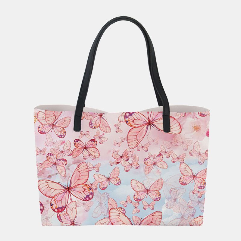 Femmes Faux Cuir Grande Capacité Floral Chat Papillon Impression Décontracté Mignon Sac À Main Sac À Bandoulière Sac Seau