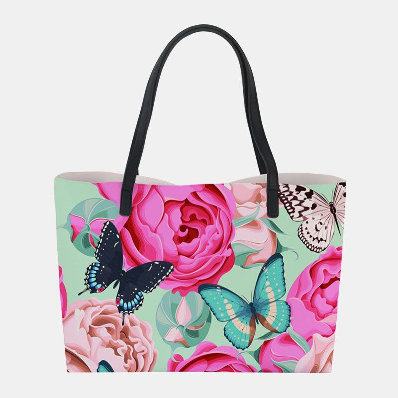 Femmes Faux Cuir Grande Capacité Floral Chat Papillon Impression Décontracté Mignon Sac À Main Sac À Bandoulière Sac Seau