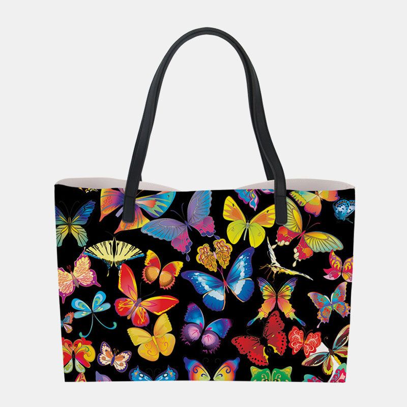 Femmes Faux Cuir Grande Capacité Floral Chat Papillon Impression Décontracté Mignon Sac À Main Sac À Bandoulière Sac Seau