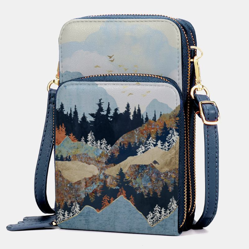 Femmes Faux Cuir Mesdames Mountain Treetop Print Bag 6.3 Inch Phone Bag Crossbody Bag