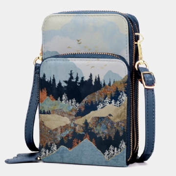 Femmes Faux Cuir Mesdames Mountain Treetop Print Bag 6.3 Inch Phone Bag Crossbody Bag