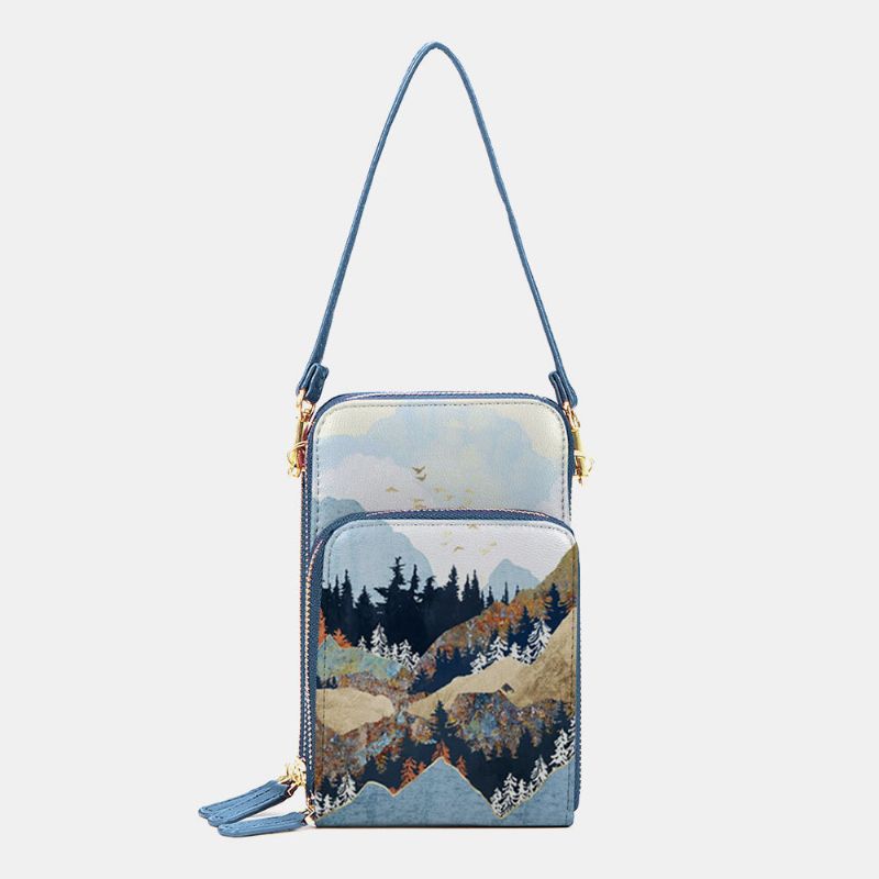 Femmes Faux Cuir Mesdames Mountain Treetop Print Bag 6.3 Inch Phone Bag Crossbody Bag