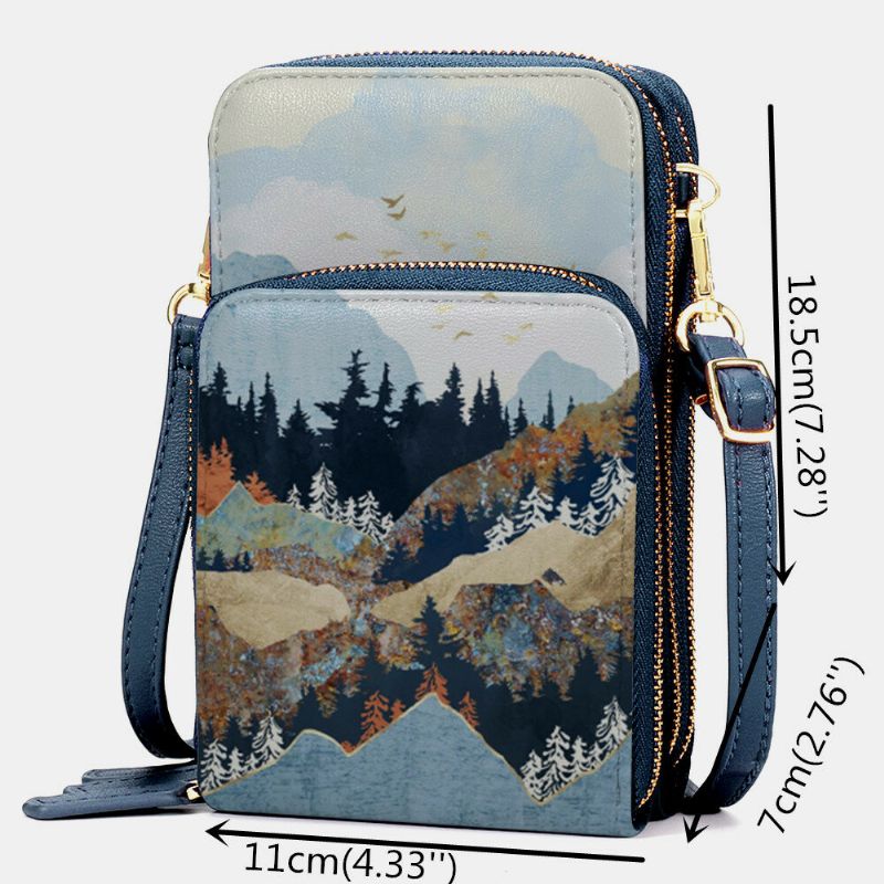 Femmes Faux Cuir Mesdames Mountain Treetop Print Bag 6.3 Inch Phone Bag Crossbody Bag