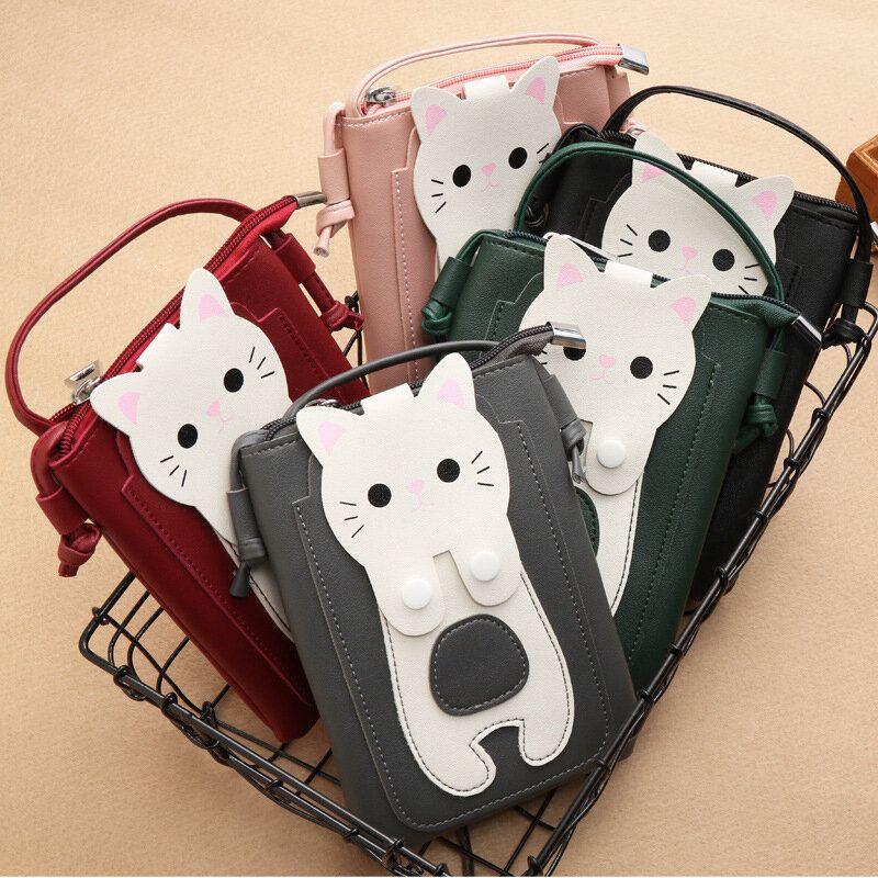 Femmes Faux Cuir Super Mignon Chat Kitty Motif 6.3 Pouces Téléphone Sac Petit Sac De Rangement Sac À Bandoulière