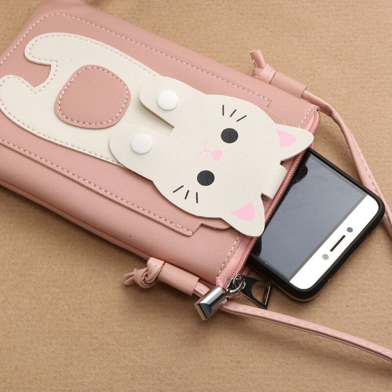 Femmes Faux Cuir Super Mignon Chat Kitty Motif 6.3 Pouces Téléphone Sac Petit Sac De Rangement Sac À Bandoulière