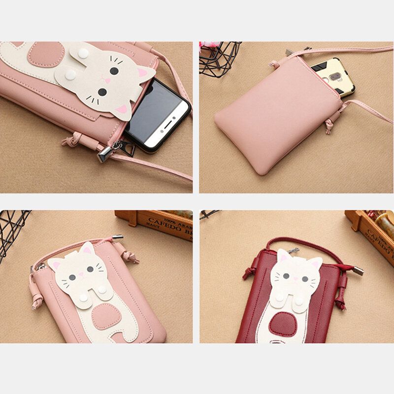 Femmes Faux Cuir Super Mignon Chat Kitty Motif 6.3 Pouces Téléphone Sac Petit Sac De Rangement Sac À Bandoulière