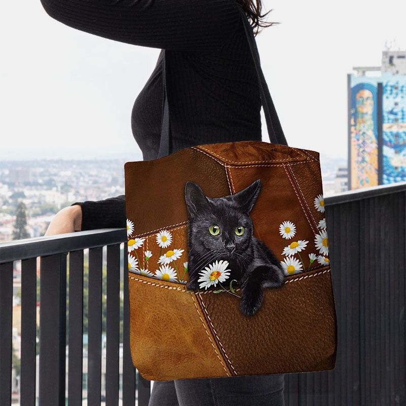 Femmes Felt Cute 3d Tridimensionnel Black Cat Daisy Pattern Sac À Bandoulière Sac À Main Fourre-tout