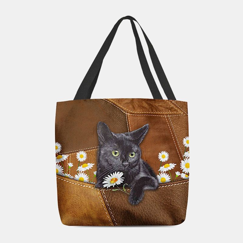 Femmes Felt Cute 3d Tridimensionnel Black Cat Daisy Pattern Sac À Bandoulière Sac À Main Fourre-tout