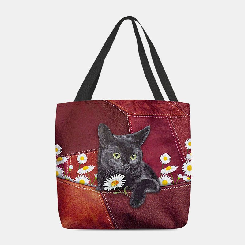 Femmes Felt Cute 3d Tridimensionnel Black Cat Daisy Pattern Sac À Bandoulière Sac À Main Fourre-tout