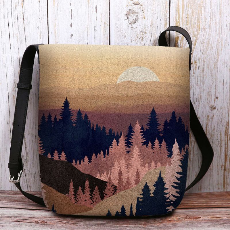 Femmes Felt Ladies Mountain Treetop Print Pattern Multi-porter Personnalité Sac À Bandoulière Sac À Bandoulière