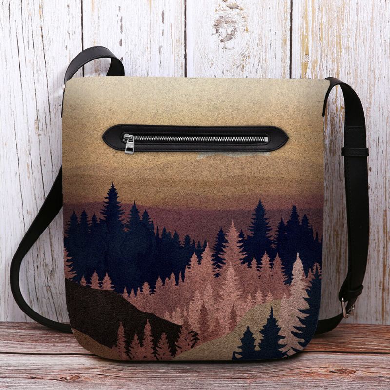 Femmes Felt Ladies Mountain Treetop Print Pattern Multi-porter Personnalité Sac À Bandoulière Sac À Bandoulière