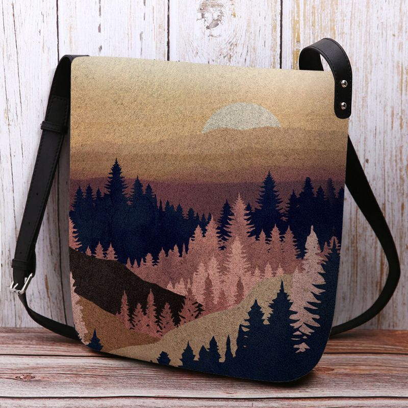 Femmes Felt Ladies Mountain Treetop Print Pattern Multi-porter Personnalité Sac À Bandoulière Sac À Bandoulière