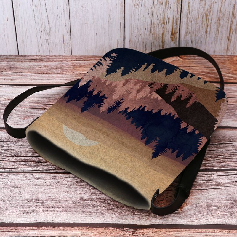 Femmes Felt Ladies Mountain Treetop Print Pattern Multi-porter Personnalité Sac À Bandoulière Sac À Bandoulière