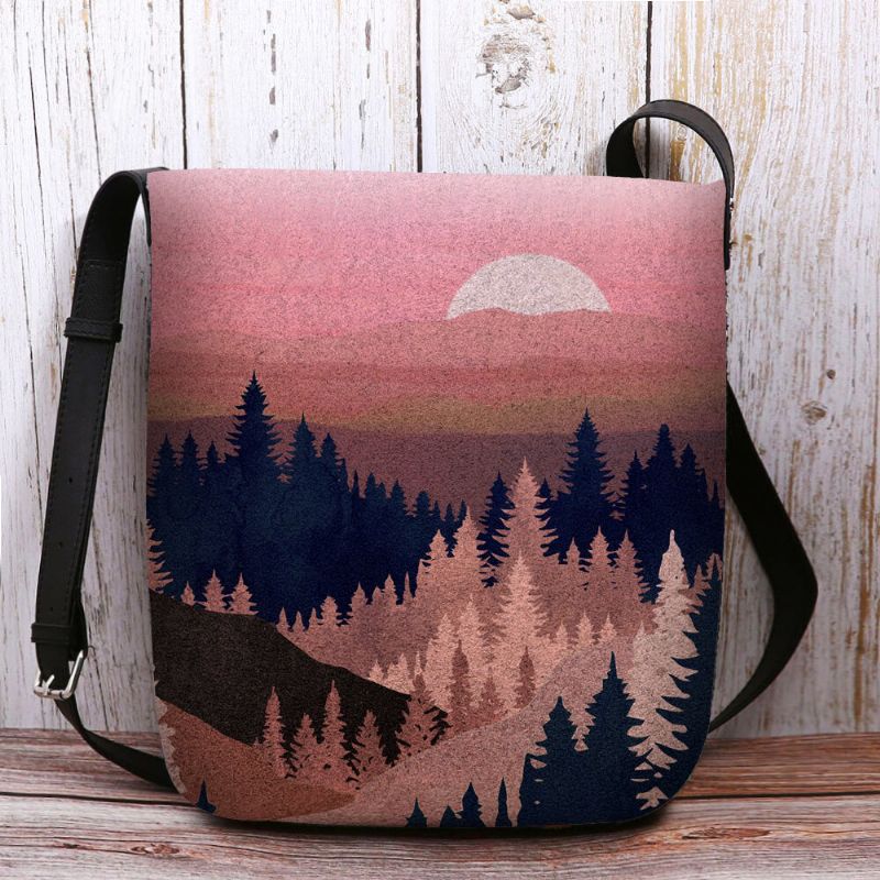 Femmes Felt Ladies Mountain Treetop Print Pattern Multi-porter Personnalité Sac À Bandoulière Sac À Bandoulière