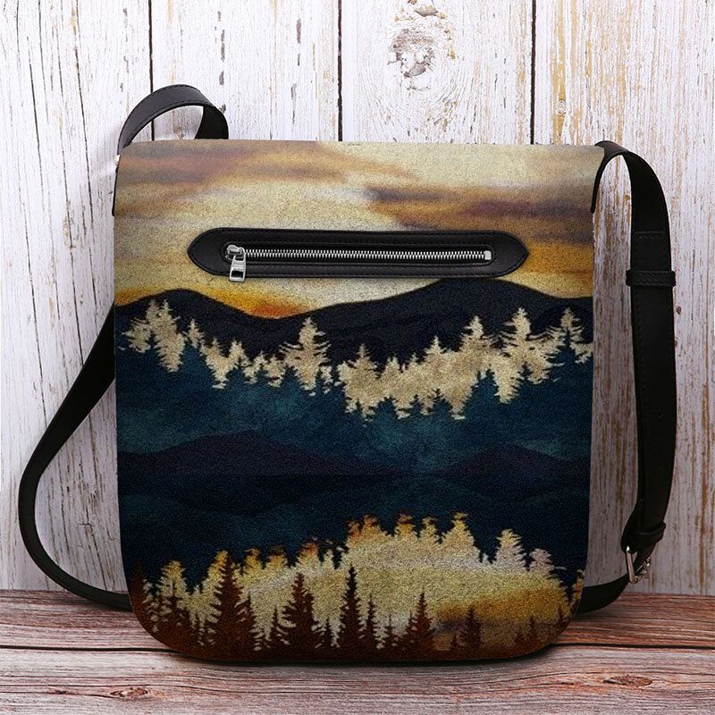 Femmes Felt Mountain Treetop Print Pattern Casual Outdoor Sac À Bandoulière Sac À Bandoulière