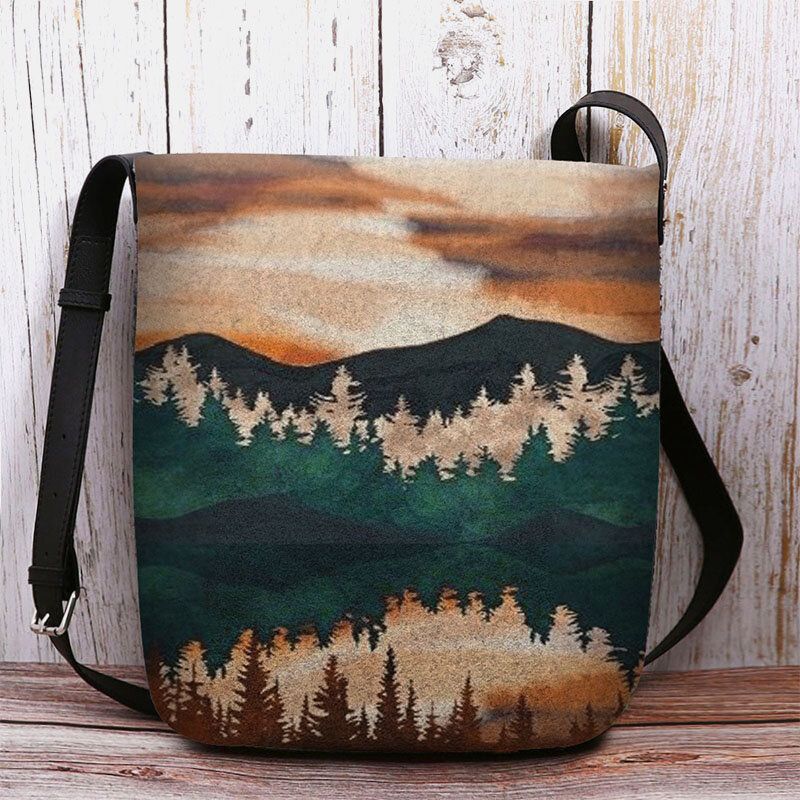 Femmes Felt Mountain Treetop Print Pattern Casual Outdoor Sac À Bandoulière Sac À Bandoulière