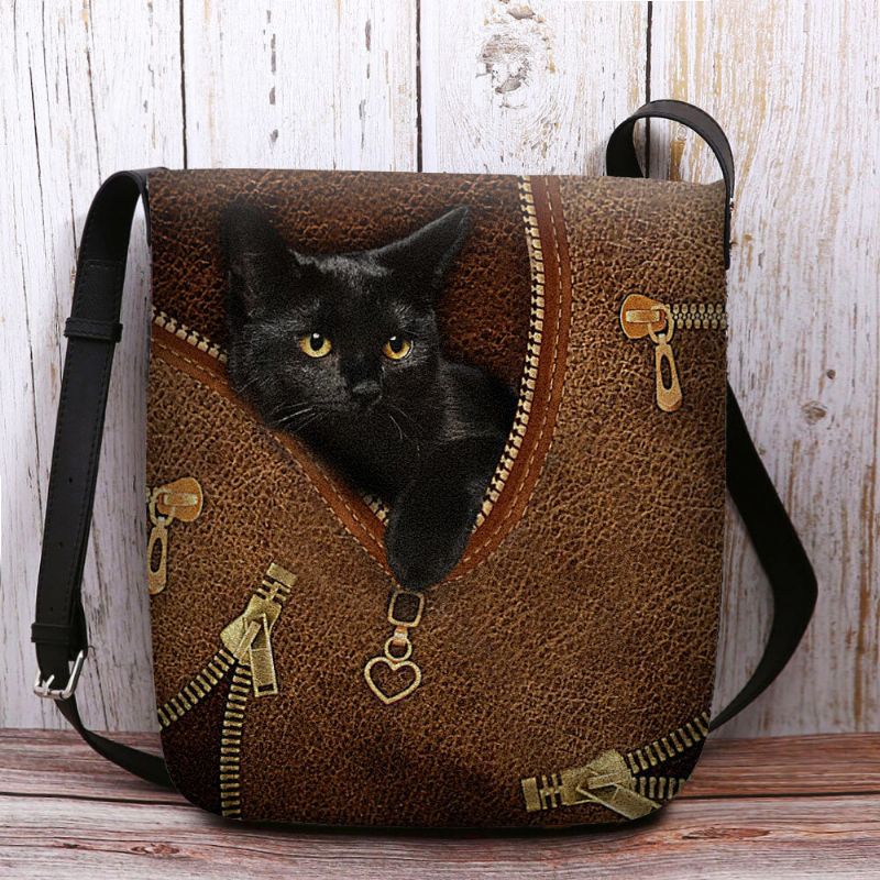 Femmes Feutre Casual Mignon 3d Dessin Animé Chat Noir Motif D'impression Sac À Bandoulière Sac À Bandoulière