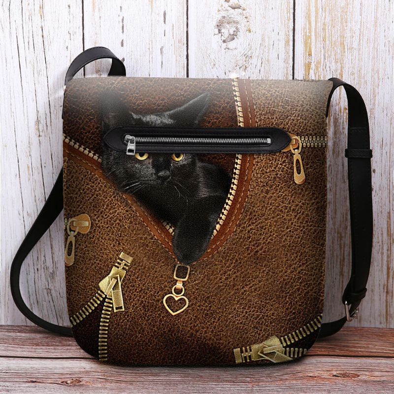 Femmes Feutre Casual Mignon 3d Dessin Animé Chat Noir Motif D'impression Sac À Bandoulière Sac À Bandoulière