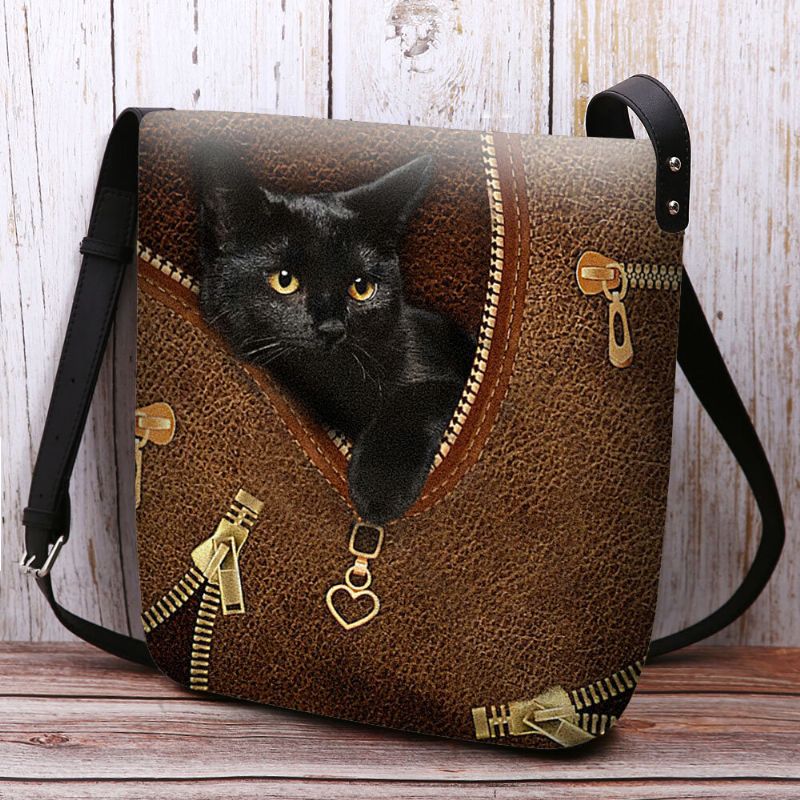 Femmes Feutre Casual Mignon 3d Dessin Animé Chat Noir Motif D'impression Sac À Bandoulière Sac À Bandoulière