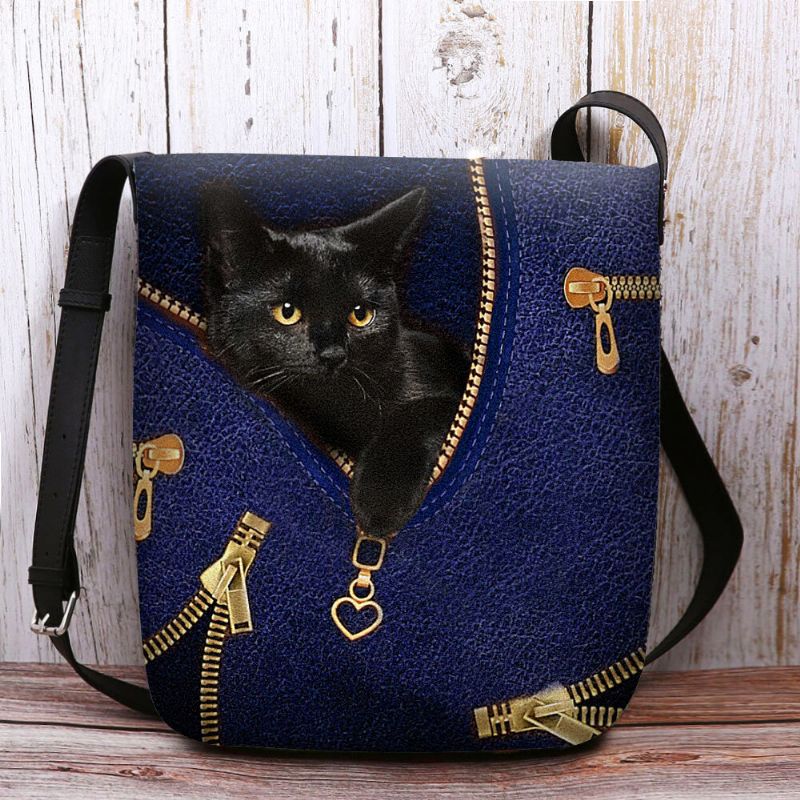 Femmes Feutre Casual Mignon 3d Dessin Animé Chat Noir Motif D'impression Sac À Bandoulière Sac À Bandoulière