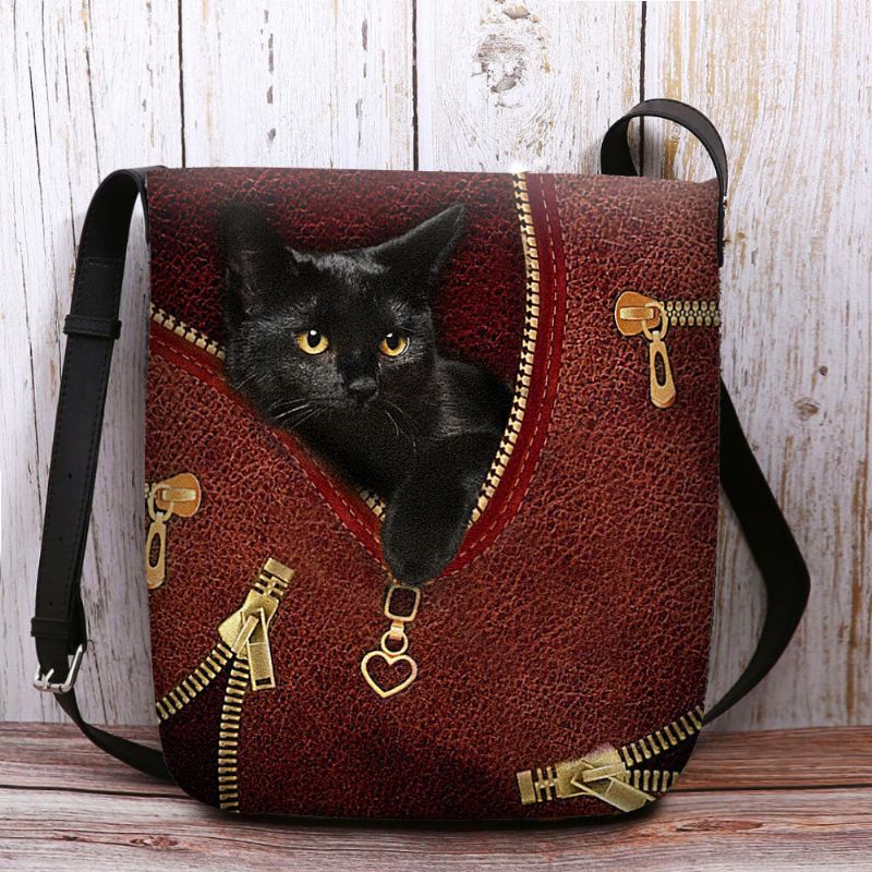 Femmes Feutre Casual Mignon 3d Dessin Animé Chat Noir Motif D'impression Sac À Bandoulière Sac À Bandoulière