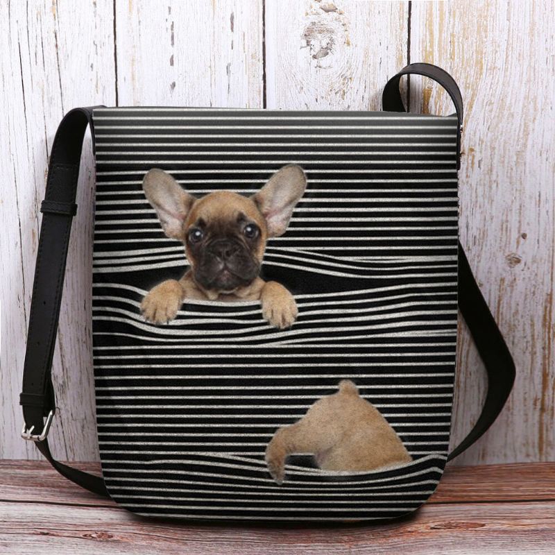 Femmes Feutre Casual Stripe Mignon 3d Chien Motif D'impression Sac À Bandoulière Sac À Bandoulière