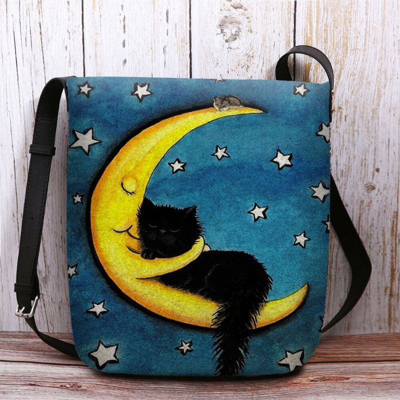 Femmes Feutre Chat Lune Ciel Étoilé Motif Impression Sac À Bandoulière Sac À Bandoulière