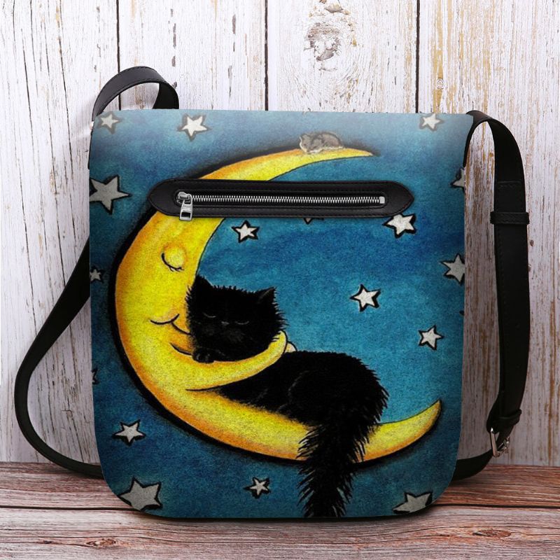 Femmes Feutre Chat Lune Ciel Étoilé Motif Impression Sac À Bandoulière Sac À Bandoulière