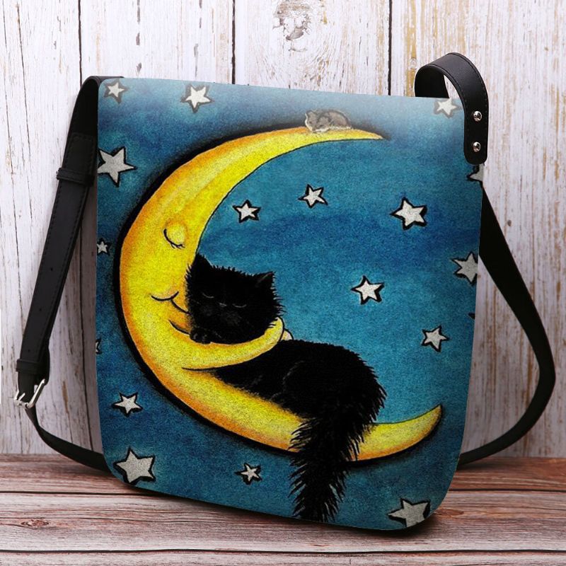 Femmes Feutre Chat Lune Ciel Étoilé Motif Impression Sac À Bandoulière Sac À Bandoulière