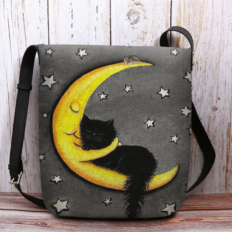 Femmes Feutre Chat Lune Ciel Étoilé Motif Impression Sac À Bandoulière Sac À Bandoulière