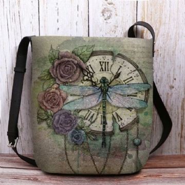 Femmes Feutre Décontracté Vintage 3d Libellule Fleur Impression Motif Sac À Bandoulière Sac À Bandoulière