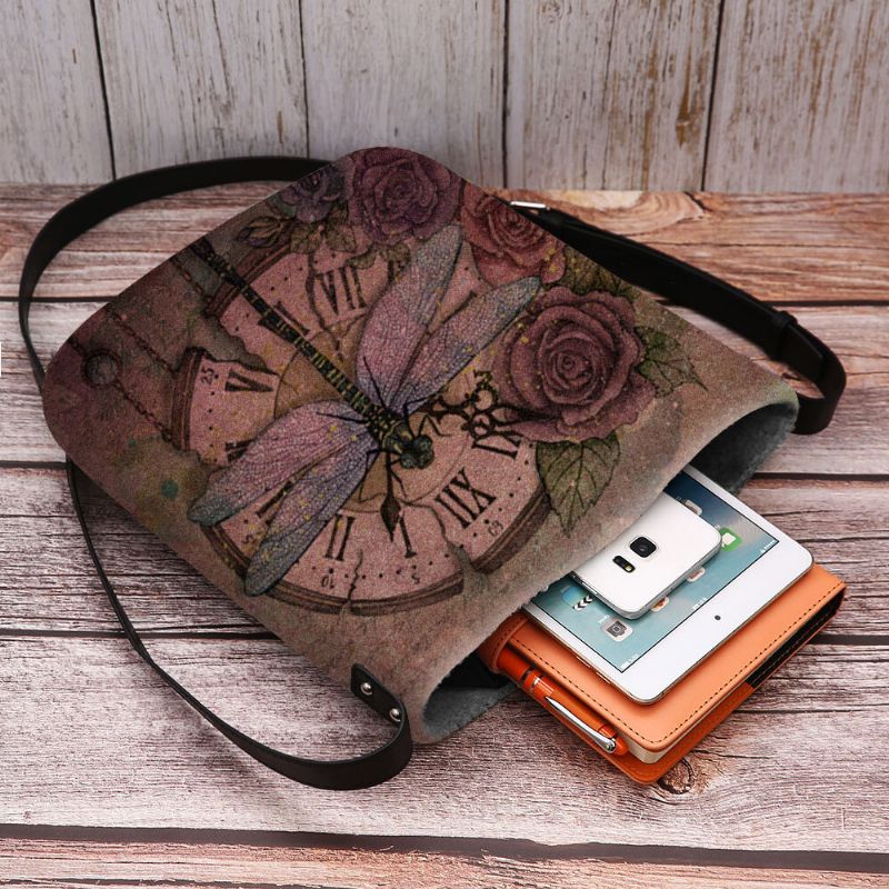 Femmes Feutre Décontracté Vintage 3d Libellule Fleur Impression Motif Sac À Bandoulière Sac À Bandoulière