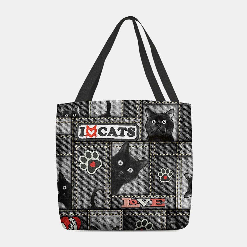 Femmes Feutre Dessin Animé Chat Noir Treillis Cadre Motif Sac À Bandoulière Sac À Main Fourre-tout