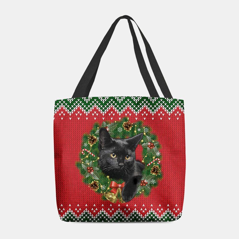 Femmes Feutre Dessin Animé Festif Couleur Classique Guirlande De Noël Chat Motif Sac À Bandoulière Sac À Main Fourre-tout