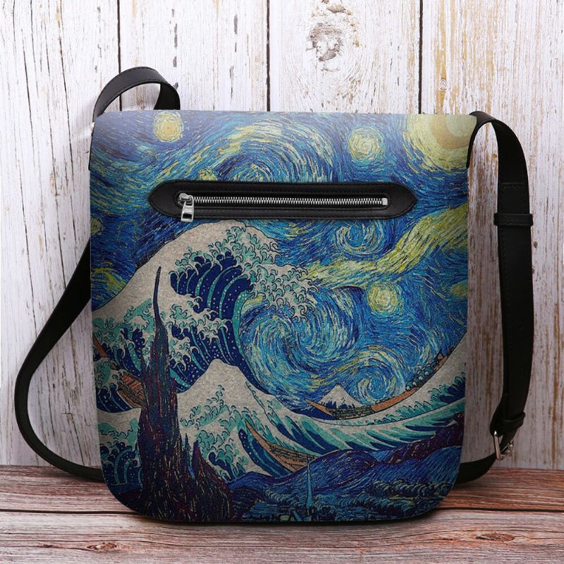 Femmes Feutre Mer Vague Ciel Étoilé Motif Peinture À L'huile Style Imprime Sac À Bandoulière Sac À Bandoulière