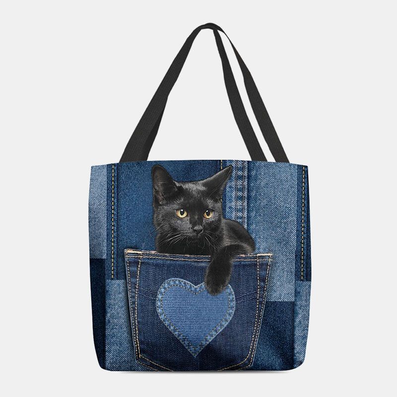 Femmes Feutre Mignon 3d Chat Noir En Trois Dimensions À L'intérieur De Jeans Motif Sac À Bandoulière Sac À Main Fourre-tout