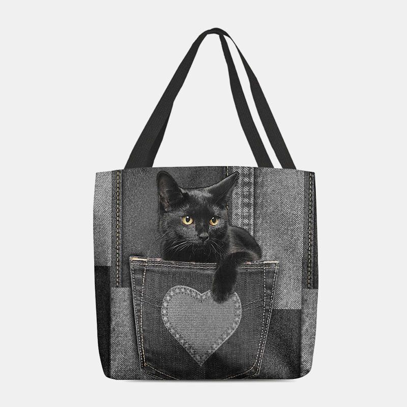 Femmes Feutre Mignon 3d Chat Noir En Trois Dimensions À L'intérieur De Jeans Motif Sac À Bandoulière Sac À Main Fourre-tout