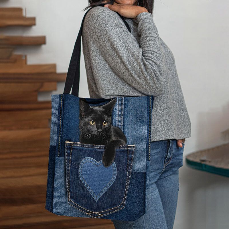 Femmes Feutre Mignon 3d Chat Noir En Trois Dimensions À L'intérieur De Jeans Motif Sac À Bandoulière Sac À Main Fourre-tout